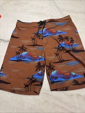 Hurley Brown Tropical Palm Print Board Shorts with Blue Accents